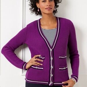 Talbots V-Neck‎ Cardigan Women's Size Mp Purple Texture Striped Button-up
